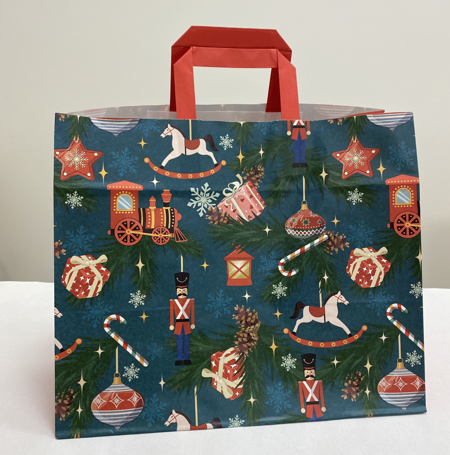 Szalagfüles papírtáska 32x27+21 cm Diótörő táska piros füllel FEKVŐ